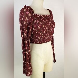 wild fable Burgundy Floral Smocked Square-Neck Crop Top NWOT